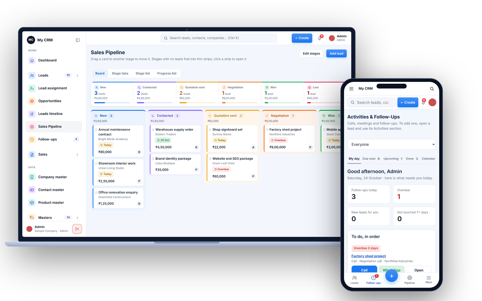CRM pipeline in dark theme